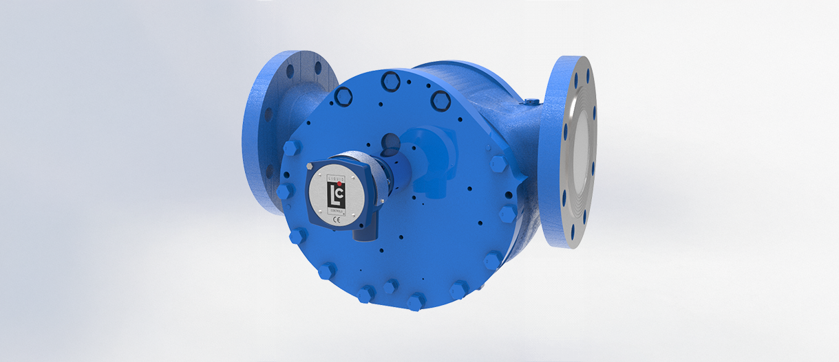 DM Series Flowmeter by Avery-Hardoll, a high-precision blue fuel meter with flange connections, used for accurate fuel measurement in industrial and aviation applications