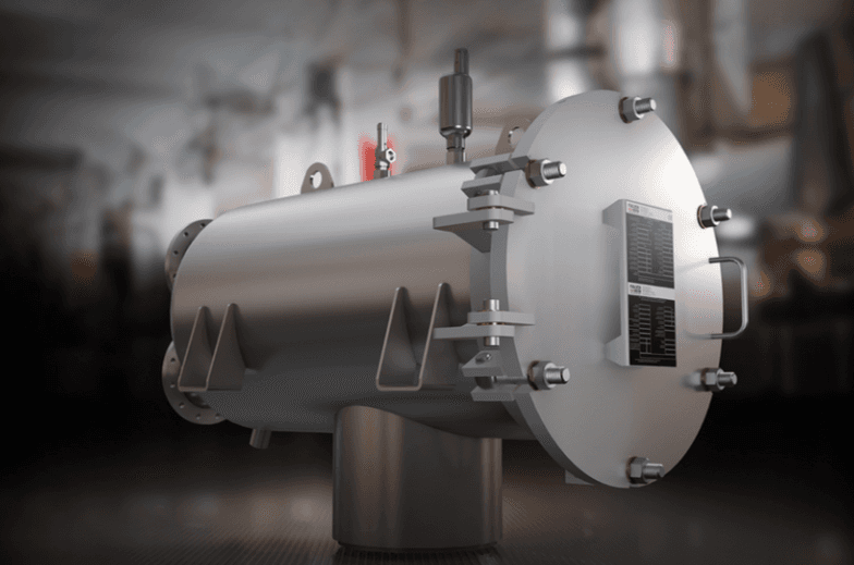 FAUDI filter vessel, a large cylindrical stainless steel filtration unit with multiple valves and connectors, set in an industrial background