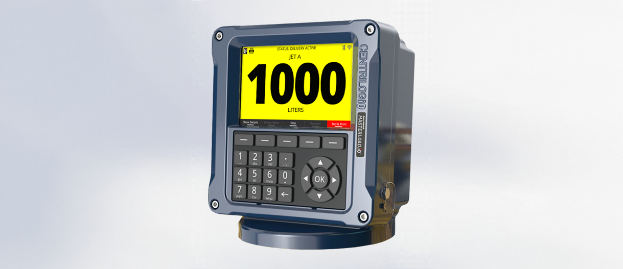 MASTERLOAD.iQ™ Electronic Register by Avery-Hardoll, a digital fuel meter display unit with a numeric keypad and bright yellow LCD screen showing fuel delivery volume in liters, used for precise fuel management