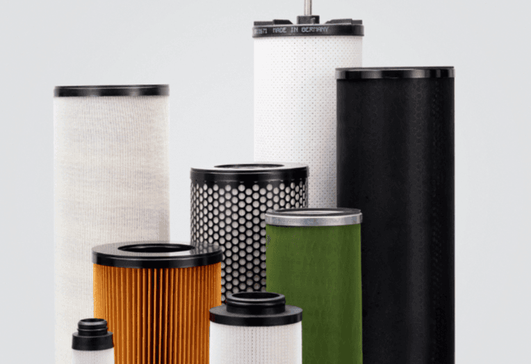 Range of FAUDI filter elements, including various types of filter cartridges used for liquid and gas purification in industrial applications